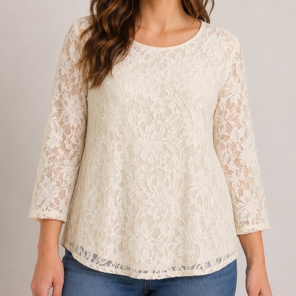 Chico's Lace Blouse Large Ivory Floral Sheer Sleeve Lined 3/4 Sleeve Elegant Top